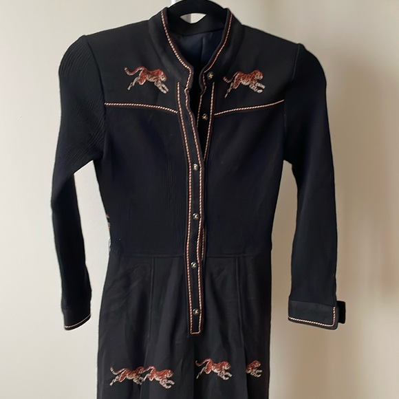 Vintage Japan black wool blend tiger print a line dress, size 2 - Picture 2 of 16